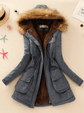 Inrosy mi-longue parka intérieur fourrure à capuche boutons poches fermeture éclair manches longues femme mode décontracté