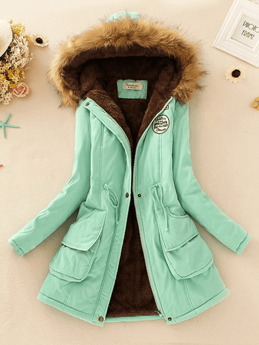 Inrosy mi-longue parka intérieur fourrure à capuche boutons poches fermeture éclair manches longues femme mode décontracté