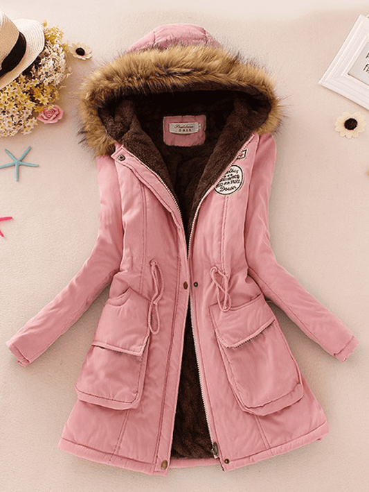 Inrosy mi-longue parka intérieur fourrure à capuche boutons poches fermeture éclair manches longues femme mode décontracté
