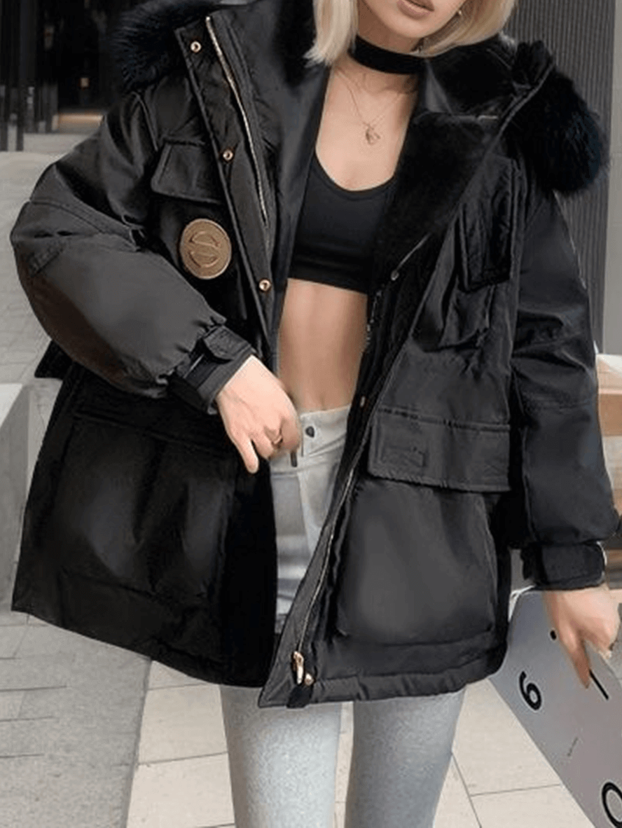 Inrosy parka hiver manteau à capuche boutons poches fermeture éclair manches longues femme style boyfriend mode décontracté veste