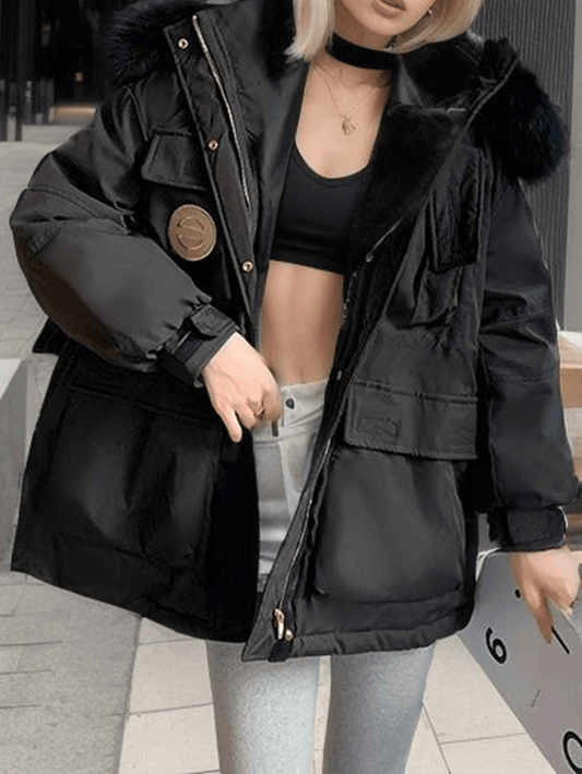 Inrosy parka hiver manteau à capuche boutons poches fermeture éclair manches longues femme style boyfriend mode décontracté veste
