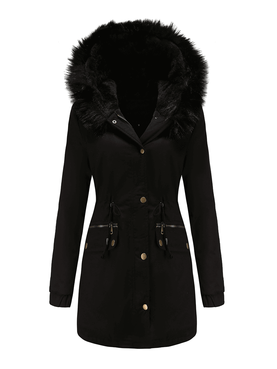 Inrosy longue parka à capuche intérieur fourrure boutons fermeture éclair manches longues femme mode décontracté hiver manteau