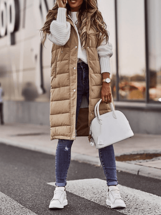 Inrosy mi-longue manteau à capuche unicolore boutons poches fermeture éclair sans manches femme élégant mode hiver gilet