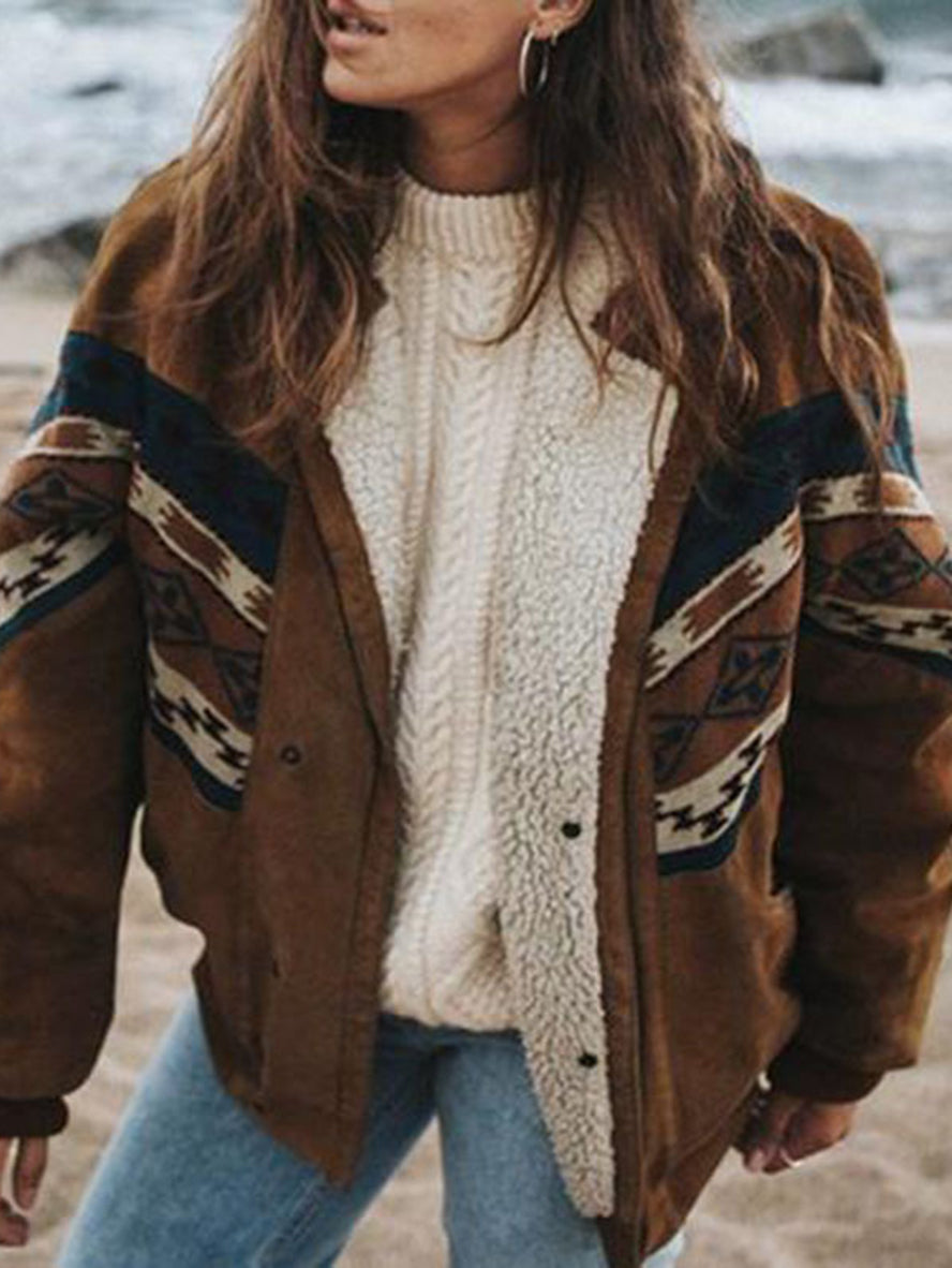 Inrosy veste avec polaire géométrique boutons col revers manches longues femme mode décontracté