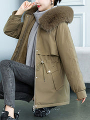 Inrosy mi-longue parka hiver doublé polaire poches fermeture éclair à capuche manches longues femme mode