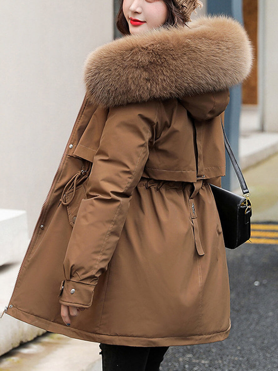 Inrosy mi-longue parka manteau intérieur fourrure poches à capuche manches longues femme casual ample décontracté hiver veste