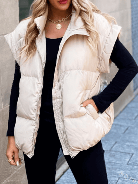 Inrosy gilet veste unicolore sans manches poches fermeture éclair col revers femme mode décontracté hiver manteau