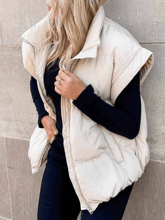 Inrosy gilet veste unicolore sans manches poches fermeture éclair col revers femme mode décontracté hiver manteau