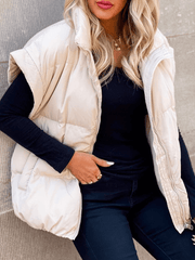 Inrosy gilet veste unicolore sans manches poches fermeture éclair col revers femme mode décontracté hiver manteau
