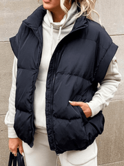 Inrosy gilet veste unicolore sans manches poches fermeture éclair col revers femme mode décontracté hiver manteau