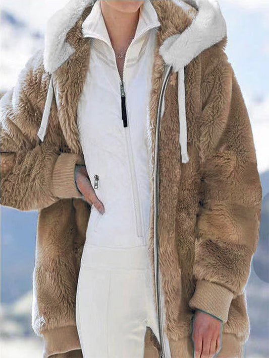 Inrosy manteau en polaire poches unicolore capuche mode femme ample veste