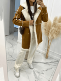 Inrosy mi-longue manteau aviateur en suedine intérieur polaire double boutonnage col revers femme mode oversized hiver veste