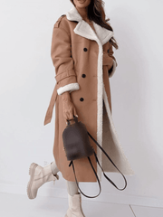 Inrosy longue manteau aviateur simili cuir molleton double boutonnage poches ceintur col revers manches longues femme oversized blousen