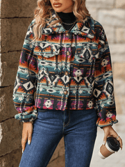 Inrosy court veste tribal imprimé géométrique boutonnage col revers manches longues femme ethnique vintage décontracté
