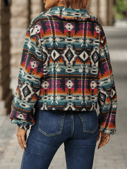 Inrosy court veste tribal imprimé géométrique boutonnage col revers manches longues femme ethnique vintage décontracté