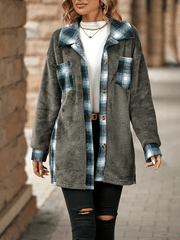 Inrosy mi-longue manteau carreaux boutonnage poches col revers manches longues femme élégant mode décontracté veste