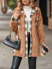 Inrosy mi-longue manteau carreaux boutonnage poches col revers manches longues femme élégant mode décontracté veste