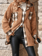 Inrosy mi-longue manteau carreaux boutonnage poches col revers manches longues femme élégant mode décontracté veste
