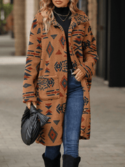 Inrosy mi-longue manteau géométrique boutonnage poches col revers manches longues femme ethnique mode décontracté veste