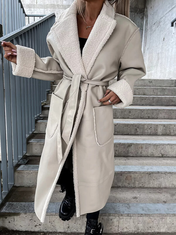Inrosy longue manteau aviateur simili cuir polaire avec poches ceinture col revers femme casual
