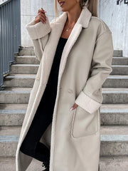 Inrosy longue manteau aviateur simili cuir polaire avec poches ceinture col revers femme casual