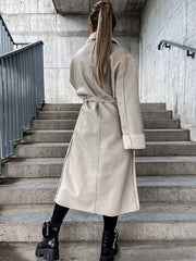 Inrosy longue manteau aviateur simili cuir polaire avec poches ceinture col revers femme casual