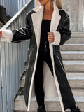 Inrosy longue manteau aviateur simili cuir polaire avec poches ceinture col revers femme casual