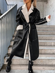 Inrosy longue manteau aviateur simili cuir polaire avec poches ceinture col revers femme casual