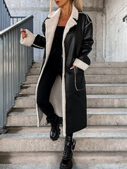 Inrosy longue manteau aviateur simili cuir polaire avec poches ceinture col revers femme casual