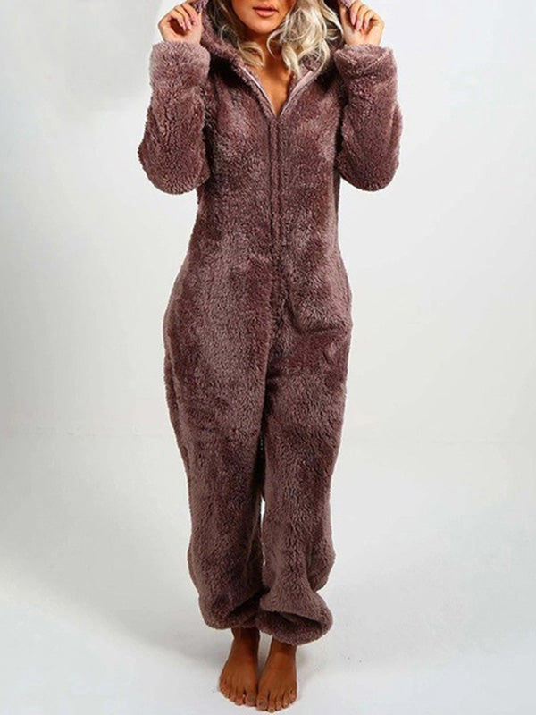 Inrosy combinaisons grenouillere de nuit en polaire capuche décontracté pyjamas femme