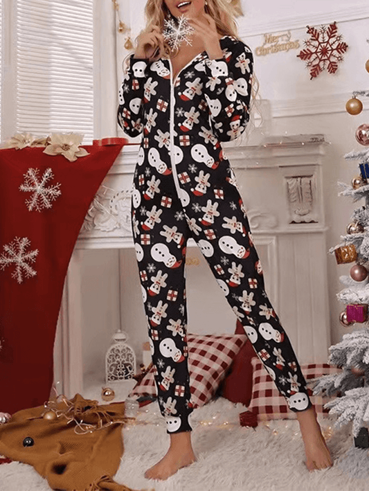 Inrosy noël combinaison pyjama avec capuche slim motif flocon de neige fermeture éclair manches longues femme décontracté