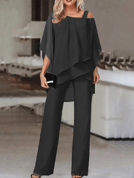 Inrosy combinaisons deux pièces une épaule mousseline manches chauve souris hauts irrégulière droit pantalon femme décontracté