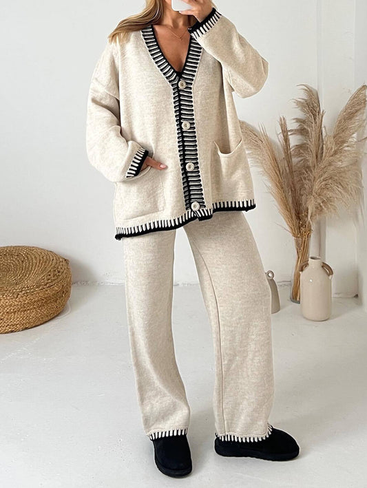 Inrosy ensembles 2 pièces avec pantalon boutonnage poches v-cou manches longues cardigan femme décontracté vêtements de détente