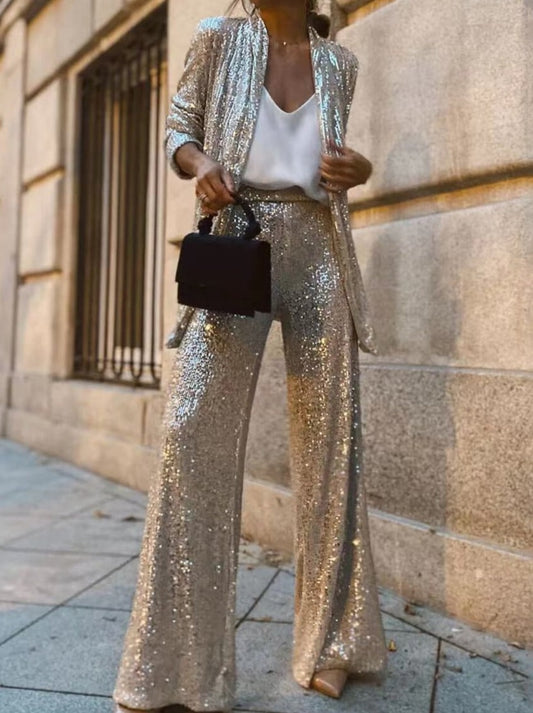 Inrosy ensembles avec pantalon brillante paillette v-cou manches longues blazer flare évasé pantalon femme élégant deux pièces