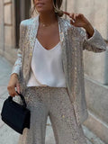 Inrosy ensembles avec pantalon brillante paillette v-cou manches longues blazer flare évasé pantalon femme élégant deux pièces