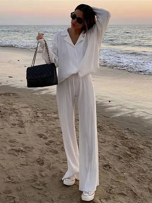 Inrosy ensemble tailleur pantalon larges jambes évasé fluide plissé boutonnage col revers femme mode ample décontracté 2 pièces