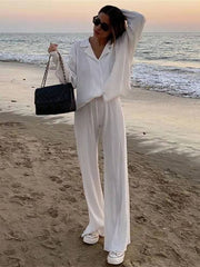 Inrosy ensemble tailleur pantalon larges jambes évasé fluide plissé boutonnage col revers femme mode ample décontracté 2 pièces