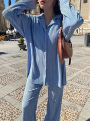Inrosy ensemble tailleur pantalon larges jambes évasé fluide plissé boutonnage col revers femme mode ample décontracté 2 pièces