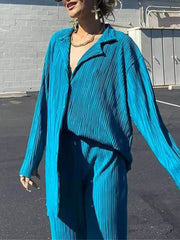 Inrosy ensemble tailleur pantalon larges jambes évasé fluide plissé boutonnage col revers femme mode ample décontracté 2 pièces
