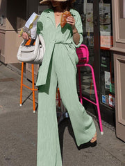 Inrosy ensemble tailleur pantalon larges jambes évasé fluide plissé boutonnage col revers femme mode ample décontracté 2 pièces
