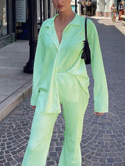 Inrosy ensemble tailleur pantalon larges jambes évasé fluide plissé boutonnage col revers femme mode ample décontracté 2 pièces
