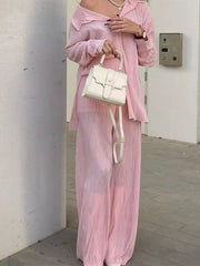Inrosy ensemble tailleur pantalon larges jambes évasé fluide plissé boutonnage col revers femme mode ample décontracté 2 pièces