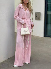 Inrosy ensemble tailleur pantalon larges jambes évasé fluide plissé boutonnage col revers femme mode ample décontracté 2 pièces