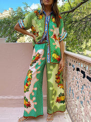 Inrosy ensemble tailleur pantalon imprimé à fleurie manches courtes femme hawaienne décontracté vintage 2 pièces