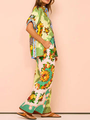Inrosy ensemble tailleur pantalon imprimé à fleurie manches courtes femme hawaienne décontracté vintage 2 pièces