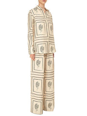 Inrosy ensembles pantalon géométrique boutonnage col chemise manches longues chemise femme décontracté deux pièces