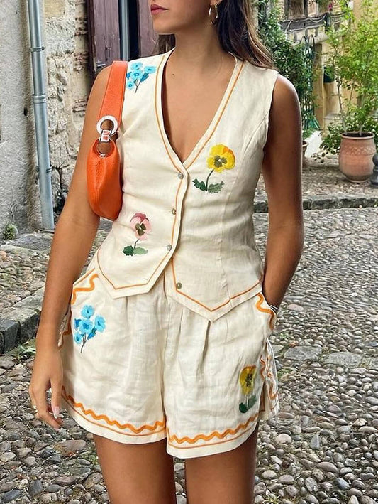 Inrosy ensembles deux pièces v-cou fleurie boutonnage sans manches gilet courte pantalon femme décontracté de plage