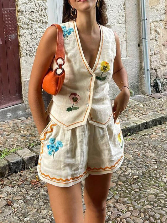 Inrosy ensembles deux pièces v-cou fleurie boutonnage sans manches gilet courte pantalon femme décontracté de plage