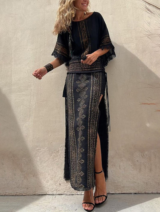Inrosy ensemble robe géométrique tribal manches chauve souris hauts fendu frange longue jupe femme ethnique décontracté lâche deux pièces