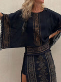 Inrosy ensemble robe géométrique tribal manches chauve souris hauts fendu frange longue jupe femme ethnique décontracté lâche deux pièces